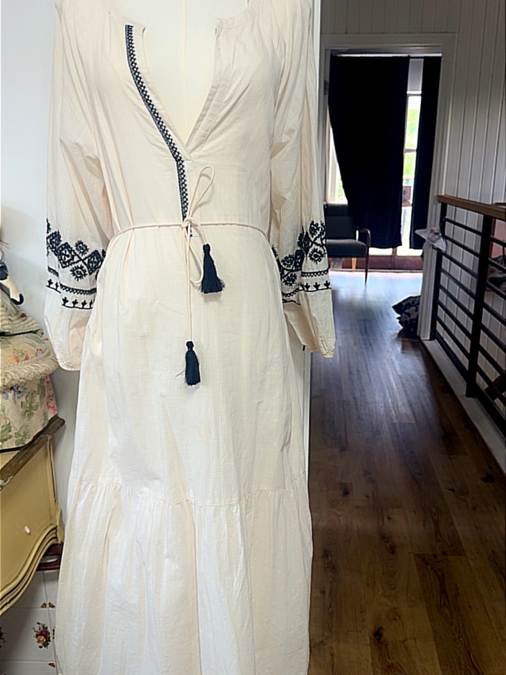 Zara Bohemian Embroidered Tassel Tie-Waist Maxi Dress - Cream